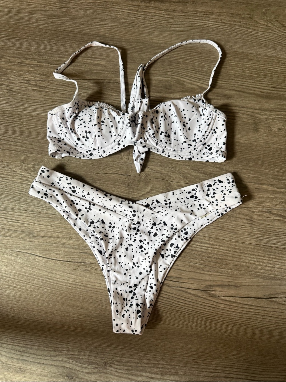 White and Black Speckle Tie-Front Bikini Top and High-Cut Bottoms